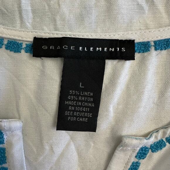 Grace Elements White Blue Embroidered Linen Blend Tunic Top L Classic Coastal - Picture 2 of 7